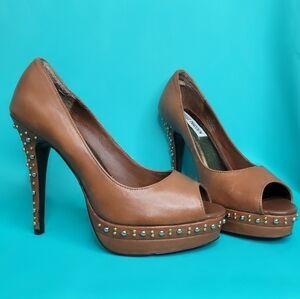 Steve Madden "Tobbi" Brown Leather Platform Open Toe High Heels Women's Size 8